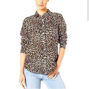 J. Crew Long Sleeve Cotton Linen Blend Perfect Shirt in Leopard Print Size 6